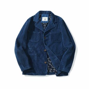 レトロ 藍染 13oz コーデュロイジャケット 天然インディゴ ワークジャケット indigo パッチワーク ブレザー 綿100% 厚手 濃紺 L