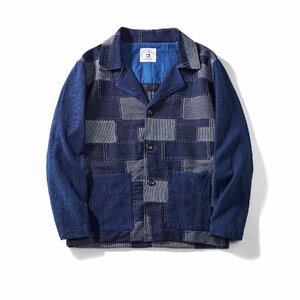 レトロ ハンドメイド 藍染め 綿100% 天然インディゴ ワークジャケット メンズ ブレザー 15oz 刺し子 古布 パッチワーク boro 襤褸 M