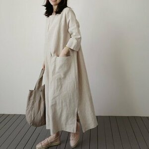 リネンワンピース レディース ゆったり ポケット付き 綿麻 ロングワンピース 夏服 無地 おしゃれ 通勤 薄手 体型カバー