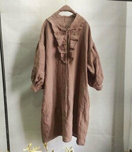 着心地の良い 上品 リネンワンピース レディース フリル襟 夏服 リネン100% 接触冷感 快適性 洗える 薄手