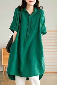 リネンワンピース レディース シャツスカート 五分袖 ワンピース ゆったり 薄手 綿 亜麻 夏 秋 体型カバー グリーン