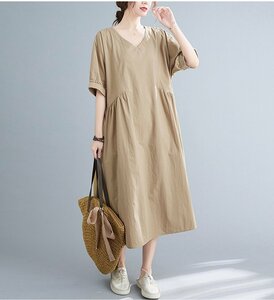 新品 ワンピース ゆったり Vネック ペチワンピース レディース 綿 夏服 洗える 無地 薄手 通勤 体型カバー M