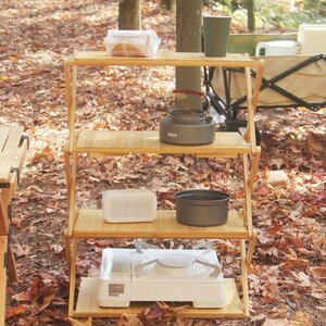 キッチン収納 棚 キッチンラック おしゃれ 多機能 キャンプ 折り畳み式 携帯やすい ピクニック アウトドア 天然竹 4層 収納袋付き