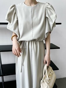 上品 通勤 ロングワンピース ロングワンピース レディース 灰色 パフ袖 春夏 ワンピース ゆったり 体型カバー 着痩せ 落ち感が綺麗な素材