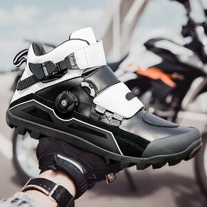 新品 オートバイ用 ライディングシューズ メンズ バイクシューズ バイク用 スニーカー 靴 耐衝撃 通気性 耐磨耗性 滑り止め 黒×白 23.5cm