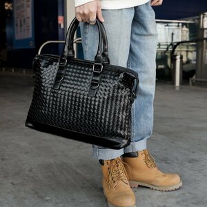 人気商品メンズ 通勤 ビジネスバッグ 斜め掛けバッグ 丈夫なPU革 鞄 かばん 編み込み 大容量 ショルダーバッグ ブラック 黒
