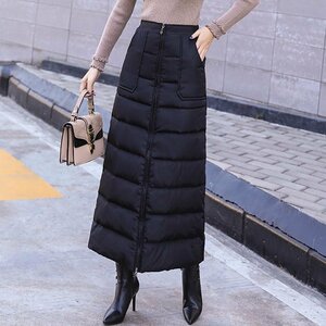 ダウンロングスカート レディース キルト Aライン ラップスカート 巻きスカート 冬 冷え対策 暖かい 軽い 体型カバー 黒 XL