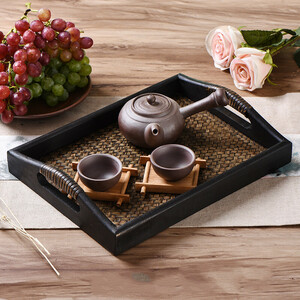 天然木 茶托 茶盤 茶道具 底部自然素材で編み込み 飾り物 31cm x 23cm