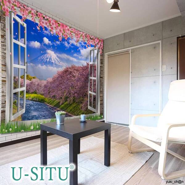 タペストリー 壁掛け 壁飾り 富士山 河津桜 幅200×丈150cm 窓外景色 仮窓 自然風景 オシャレ 背景 布ポスター インテリア 雰囲気転換