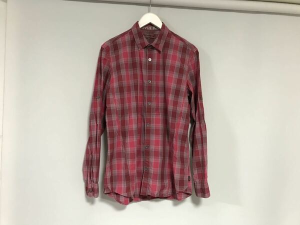 本物カルバンクラインCalvinKleinコットンチェック柄長袖シャツサーフアメカジワークミリタリービジネススーツS赤レッド