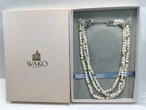 【パケ無料】極美品 WAKO 英国製 ホールマーク金具 シルバーSV925 パールx天然石 3連ネックレス チョーカー 箱付き[m1121]