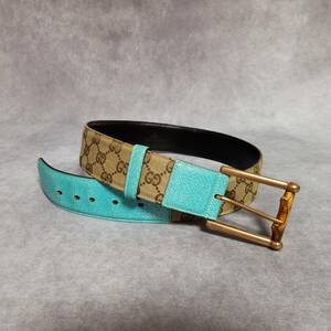 【良好　クリーニング済】　GUCCI　グッチ　正規品　男女兼用　ベルト　GGキャンバス　シマ　バンブー　本革　レザー　レディース　メンズ