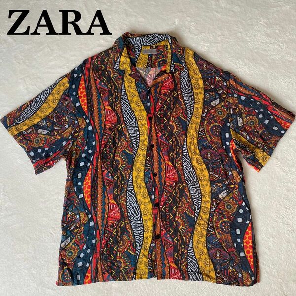 ZARA オープンカラーシャツ　総柄　ポルトガル製　バロック　スカーフ柄　マルチカラー　半袖シャツ　42 Lサイズ
