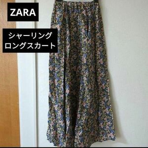 ZARA ザラ シャーリングフラワープリントロングスカート 花柄ロンスカ ウエストゴム マキシ丈 ロング 花柄 黒 ブラック