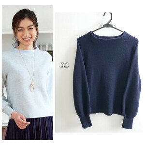 訳あり☆19AW☆ANAYI アナイ 紡毛片畦パフ袖 プルオーバー ニット ネイビー