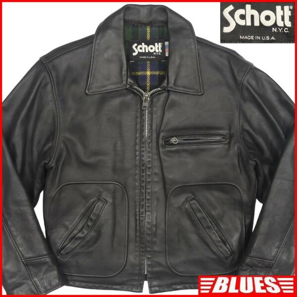 即決★アメリカ製 Schott★メンズ L レザーライダースジャケット ショット USA 40 チェック 黒 本革 シングル 本皮 90’s ヴィンテージ