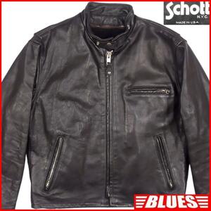 即決★アメリカ製 Schott★メンズ XL レザーライダースジャケット ショット 641 USA 42 黒 本革 シングル 本皮 立襟 80’s ヴィンテージ