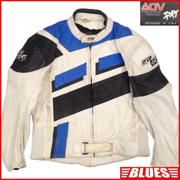 即決★イタリア製 AGV SPORT★メンズ XXL レザーライダースジャケット AGVスポーツ 52 白 本革 シングル 本皮 パンクロック 保護パッド