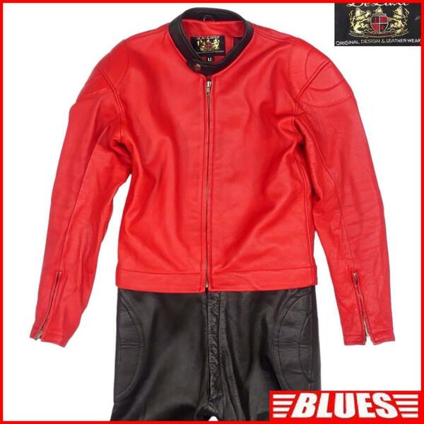 即決★Deluce★メンズ XL レザーレーシングスーツ デラックス 赤 黒 LL 本革 ツナギ 本皮 つなぎ ライダースジャケット バイク