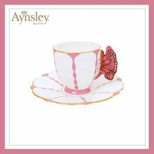 Aynsley エインズレイ　イギリス　洋食器　茶器　蝴蝶柄　蝶々　コーヒーカップ＆ソーサー　2点セット　お祝い　プレゼント　ピンク