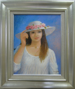 Art hand Auction Masako Horiuchi peinture à l'huile peinture à l'huile peinte à la main Portrait fleur chapeau F6 livraison gratuite, Peinture, Peinture à l'huile, Portraits