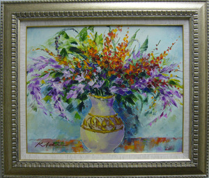 絵画 油絵 青木今陽 肉筆油絵 花瓶いっぱいの花々 F6 送料無料