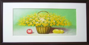 Art hand Auction 絵画 油絵 平井 舞 肉筆油絵 静物画 花籠 黄色い花 送料無料, 絵画, 油彩, 静物画