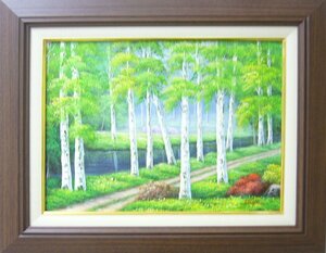 絵画 油絵 作者不詳 肉筆油絵 風景画 白樺林の道 送料無料