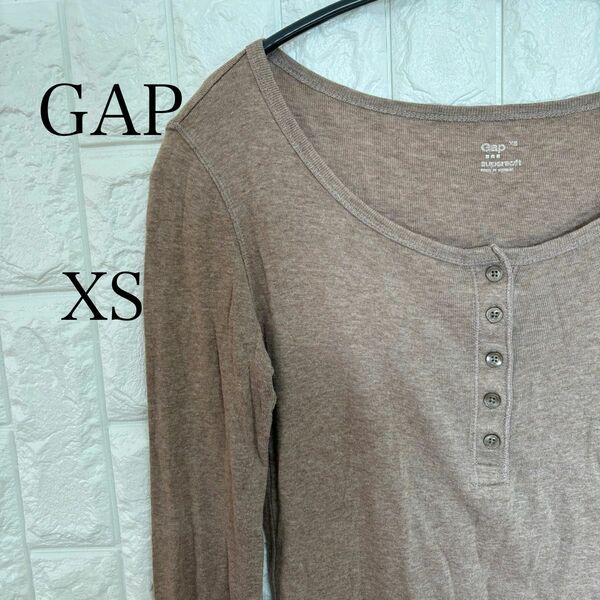 小さいサイズ【GAP】ギャップ XS 長袖 カットソー ハーフボタン ブラウン 茶 古着