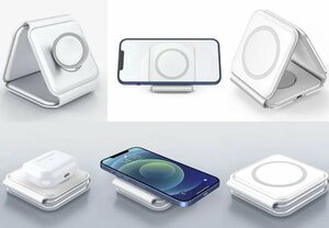 2023年最新型 3in1 三つ折りコンパクト 折り畳み ケーブル1本 ワイヤレス充電器 白　急速充電 USB TypeC端子 iPhone Apple watch Pods