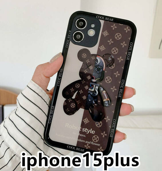 iphone15plusケース TPU 可愛い　熊　ガラス　お洒落　軽量 ケース 耐衝撃高品質ブラウン151