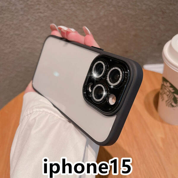 iphone15ケース カーバー レンズ保護付き　透明　お洒落　韓国　軽量 ケース 耐衝撃 高品質 ブラック135