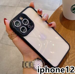 iphone12ケース カーバー レンズ保護付き　透明　お洒落　韓国　軽量 ケース 耐衝撃 高品質 ブラック142