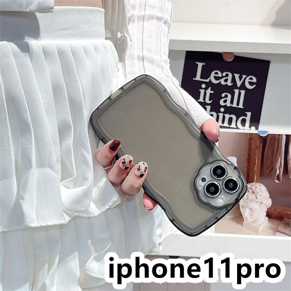 iphone11proケース カーバー TPU 可愛い　透明　波型花　お洒落　軽量 ケース 耐衝撃高品質ブラック448