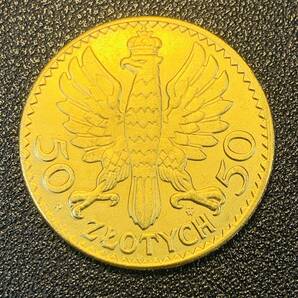 金貨 古銭 ポーランド 1925年 50ズウォティ 国章 鷲 クラウン 硬貨 コイン 大型の画像2
