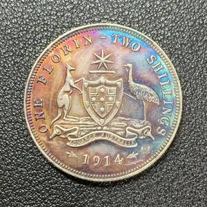 銀貨　古銭　1914年　イギリス領オーストラリア　ジョージ5世　カンガルー　紋章　コイン　硬貨　貿易銀