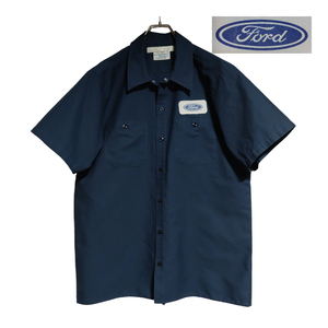 USA製 worklassics 半袖ワークシャツ size L ネイビー ゆうパケットポスト可 胸 ワッペン Ford 古着 洗濯 プレス済 f83