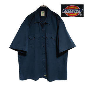 Dickies 半袖ワークシャツ size 2XL オーバーサイズ ネイビー 裾タグ ピスネームタグ ゆうパケットポスト可 古着 洗濯 プレス済 g08