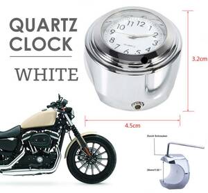 白 アナログ 時計 ３針 バイク オートバイ 自転車 バーハンドル 簡単取り付け ホワイト