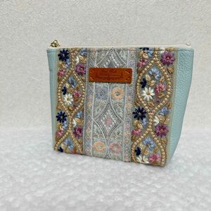 ハンドメイド 小物入れ ポーチ マルチポーチ フラワー インド刺繍リボン 大きめ インド刺繍リボン 大容量 ネイビー レザー 