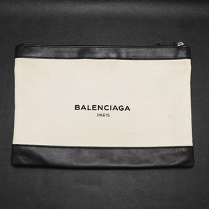 ★ 【中古】 BALENCIAGA バレンシアガ 373834.9260 ネイビークリップM キャンバス×レザー クラッチバッグ ★