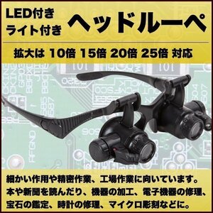 ルーペ メガネ LED ヘッドルーペ 拡大鏡 10倍 15倍 20倍 25倍 軽量 LEDライト付き 虫眼鏡 ヘッドバンド めがね 眼鏡 鑑定 修理 工具 精密