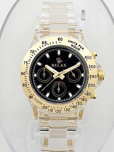 [ super-discount 1 jpy ]RELAX relax .. Logo D27 wristwatch Chrono yellow gold on goods . adult-like . feeling . can receive . clock black face Setagaya 