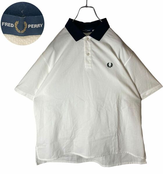 フレッドペリー シアサッカー素材 ホワイト クレリックポロシャツ Lサイズ