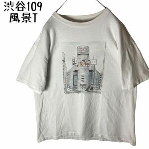 珍品古着 渋谷109風景プリント Tシャツ ホワイト パステル XLゆったり