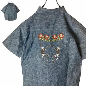 GO HEMP スカルダンス×薔薇刺繍 ヘンプコットンシャツ サックス ゆったり