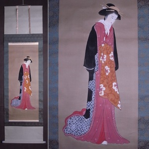 Art hand Auction Unsigned Beauty painting hanging scroll [silk hand-painted] Artist unknown / Japanese beauty, Japanese hairstyle, Japanese clothing, Japanese painting, hanging scroll, Painting, Japanese painting, person, Bodhisattva