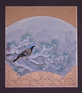 渋谷源壱『花鳥図(松に鳥)』色紙〔紙本肉筆真作〕/秋田県絵画美術院 / 色紙絵