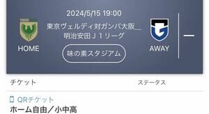 2024/5/15 19:00 東京ヴェルディ対ガンバ大阪＿ 明治安田Ｊ１リーグ 味の素スタジアム ホーム自由／小中高　3枚