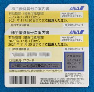 番号通知専用/ANA株主優待優待券・2024.11.30迄有効/2枚セット　10:00〜18:00時間内・番号通知対応可能